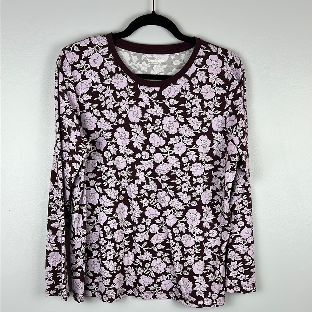 Lands' End Relaxed Fit Floral Cotton Long Sleeve Tee Large Petite Purple Lilac - Picture 2 of 11